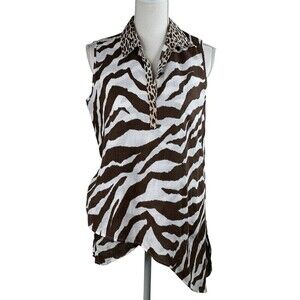 Chicos Womens No-Iron Linen Animal Tunic Brown Zebra Asymmetric Hem Size 0 Small